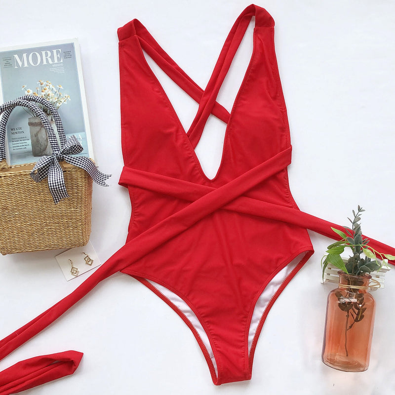 Deep V neck One Piece Swimsuit