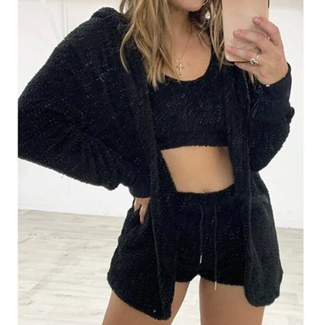 Fluffy Pajama Sets 3 Piece Shorts