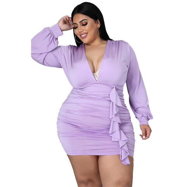 Long Sleeve V Neck Mini Dress L-4XL