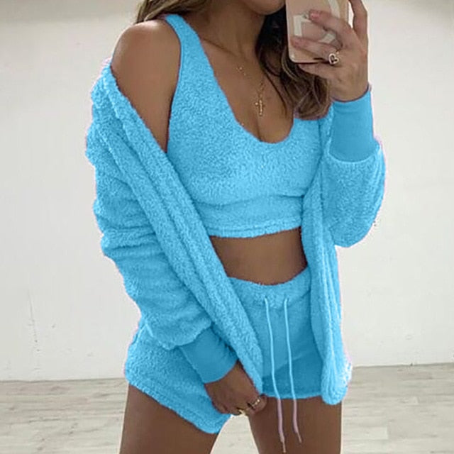 Fluffy Pajama Sets 3 Piece Shorts