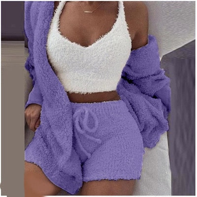 Fluffy Pajama Sets 3 Piece Shorts