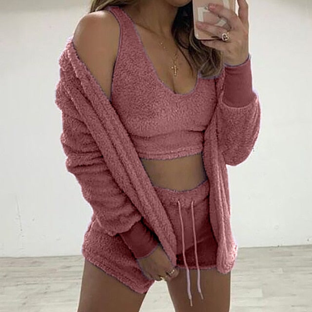 Fluffy Pajama Sets 3 Piece Shorts