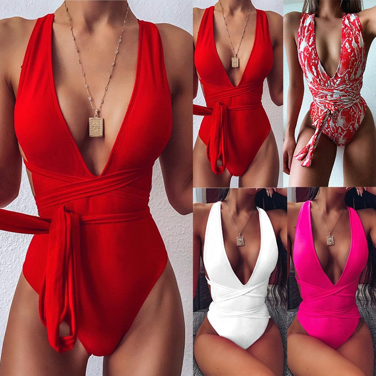 Deep V neck One Piece Swimsuit