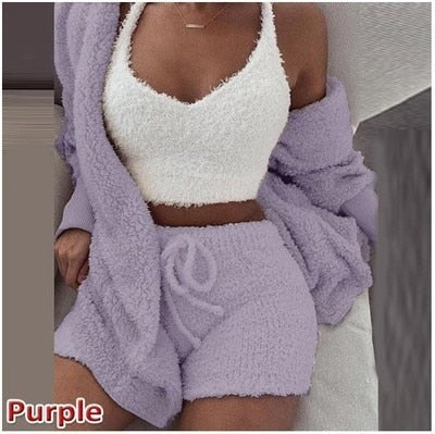 Fluffy Pajama Sets 3 Piece Shorts