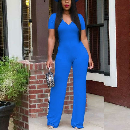 Short Sleeve V Neck Solid Slim Jumpsuit