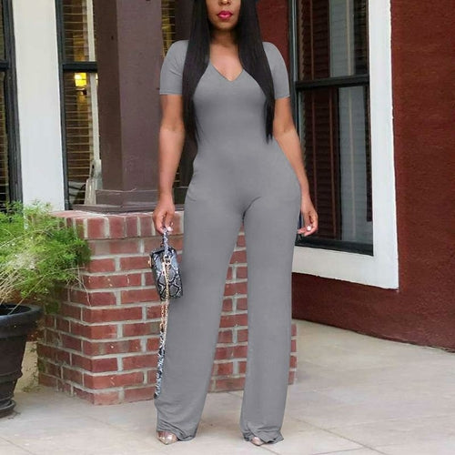 Short Sleeve V Neck Solid Slim Jumpsuit