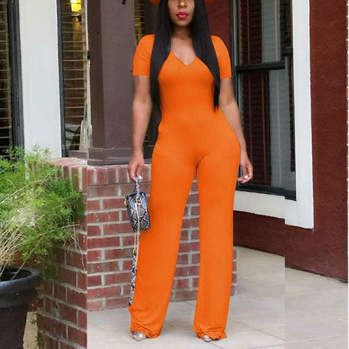 Short Sleeve V Neck Solid Slim Jumpsuit