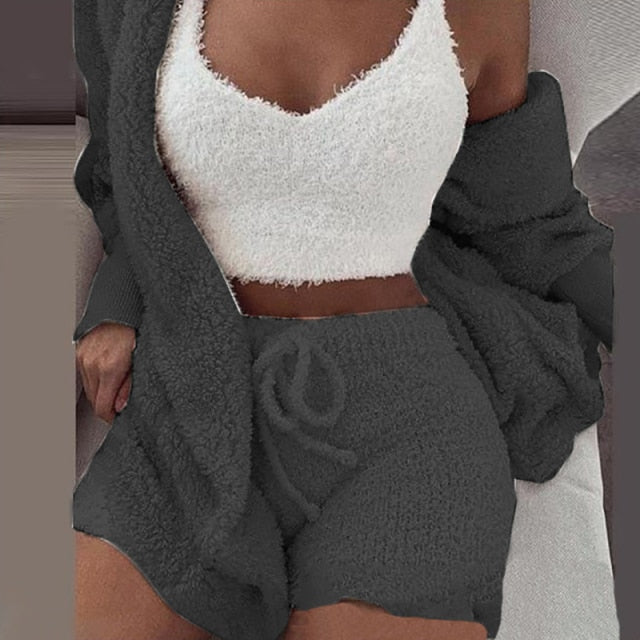 Fluffy Pajama Sets 3 Piece Shorts