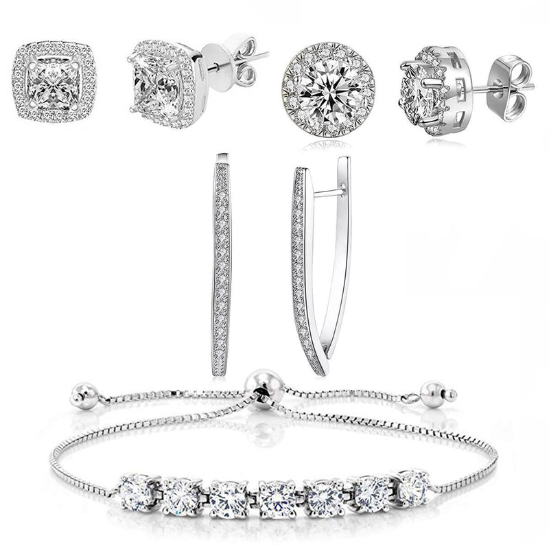 4 Piece Set: Halo Earrings Hoop and Bracelet with Gift Box